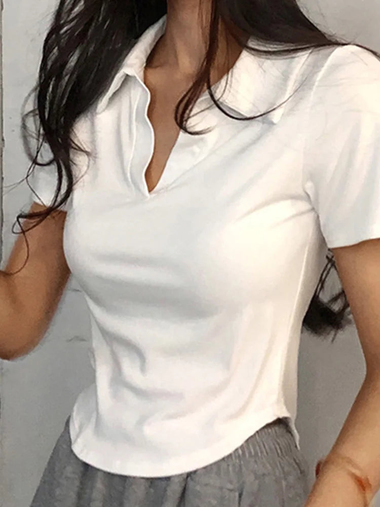 Sommer Kurzarm Revers Top Frauen Solide V-ausschnitt Pullover Retro Süße Shirts Heiße Mädchen Crop Top Weibliche Dünne Vielseitig t