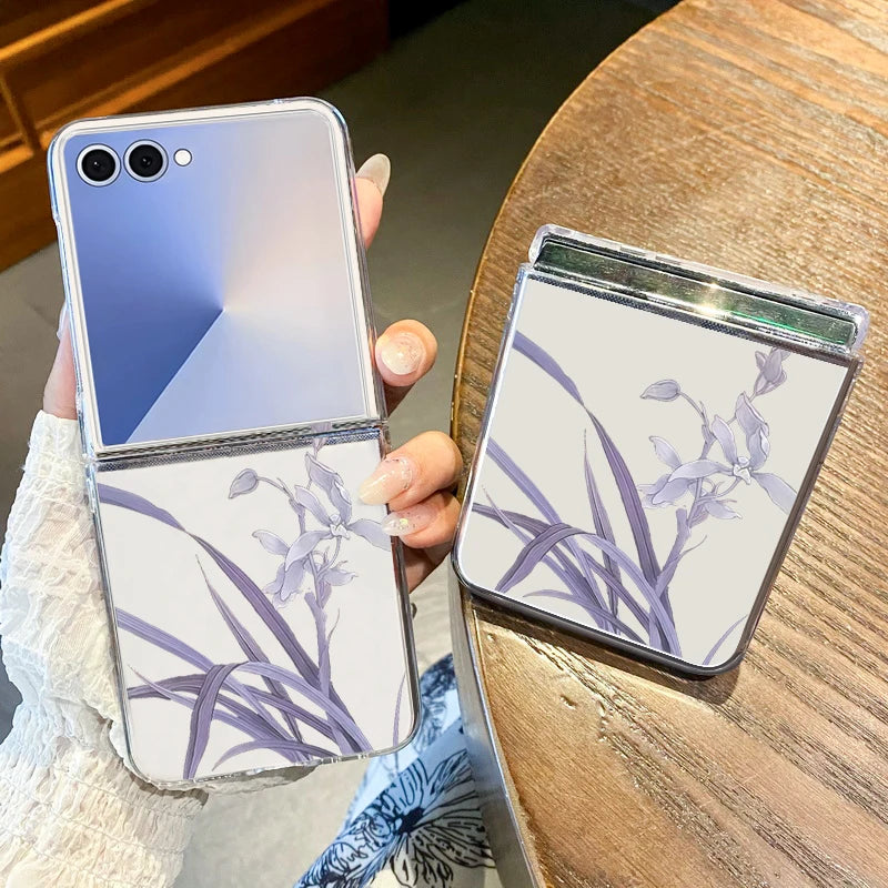 Blaue Blumen Muster Handyhülle für Samsung Galaxy Z Flip 7 FE 6 5 4 3 5G Hard PC Transparent Folding Cover für Samsung Z Flip7