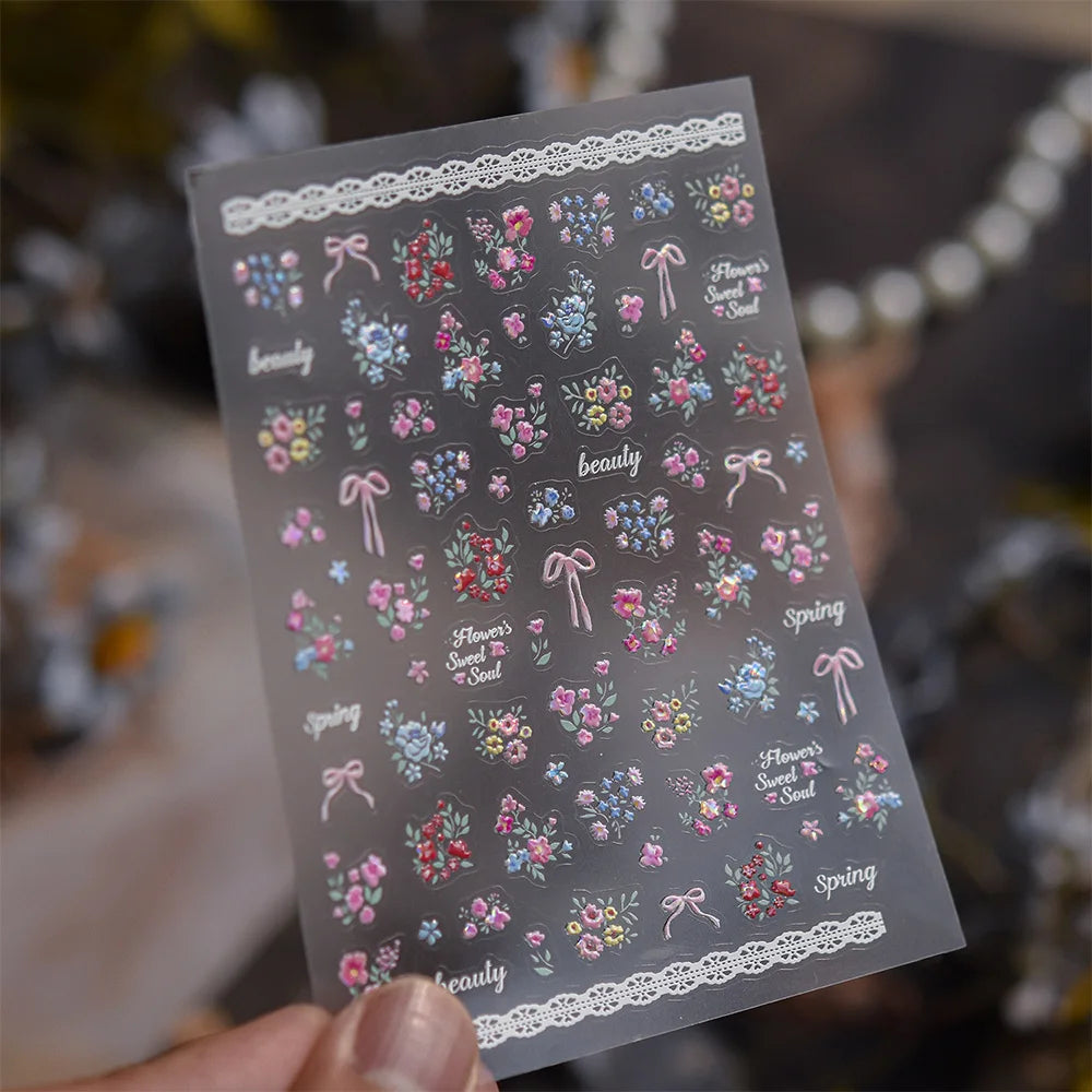 1 Stück 5D Elegante Rosa-Weiß-Blaue Blumen-Nagelaufkleber Aurora-Muschel Grüne Blätter Nagelsticker Selbstklebende Mini-Blumen-Nageldekoration