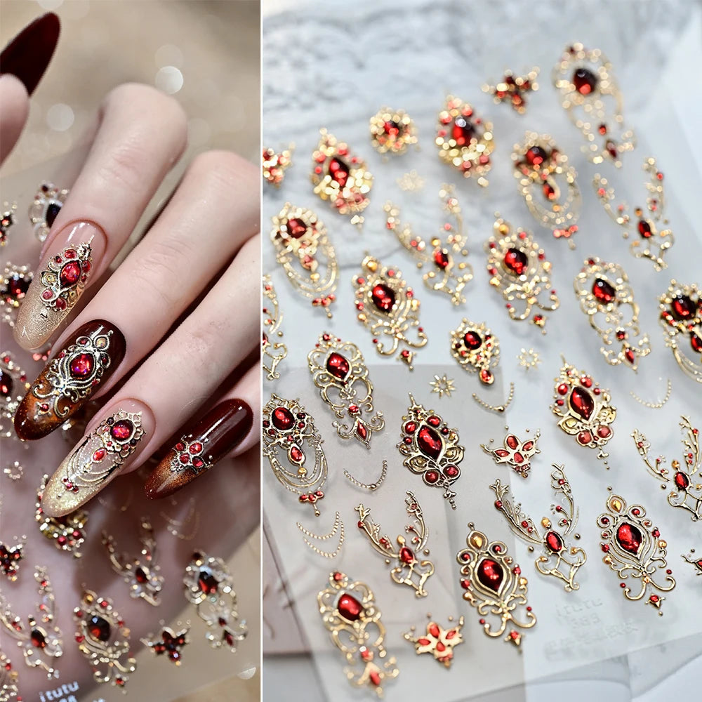 5D Grüner Edelstein Luxus Nail Art Aufkleber Bronzing Barock Halskette Rahmen Nagelschieber Selbstklebend Höflich Retro Nagelaufkleber Dekor