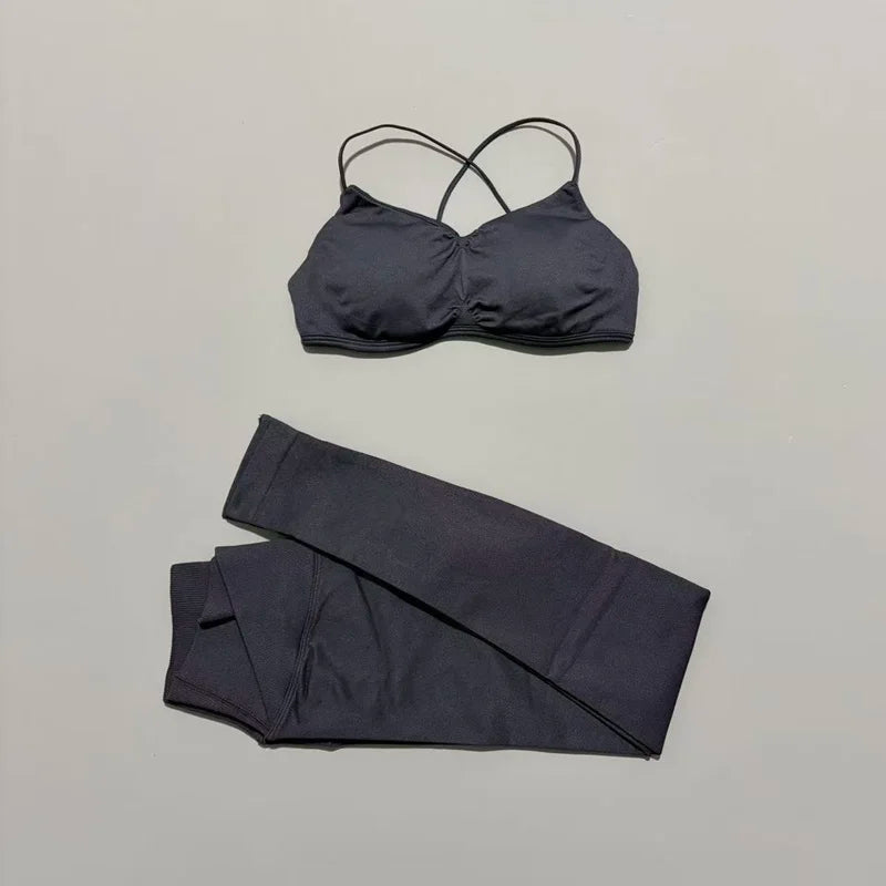2-teiliges HISTELLO Vision Fitness-Set für Damen, Yoga, nahtloser Cross-BH, Scrunch-Leggings, Anzug für Gym, Pilates, Workout, Sport-Leggings-Set