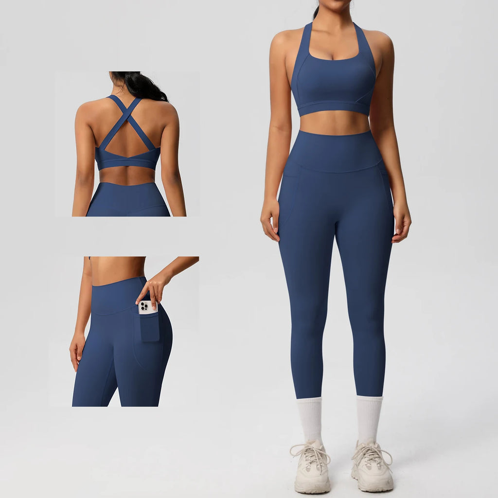 2-teiliges Sportbekleidungs-Yoga-Set, Fitnessstudio, Sport-BH, Leggings mit Taschenkleidung, Sportbekleidung, Yoga-Anzüge für Damen, Fitness-Set, Trainingsanzug