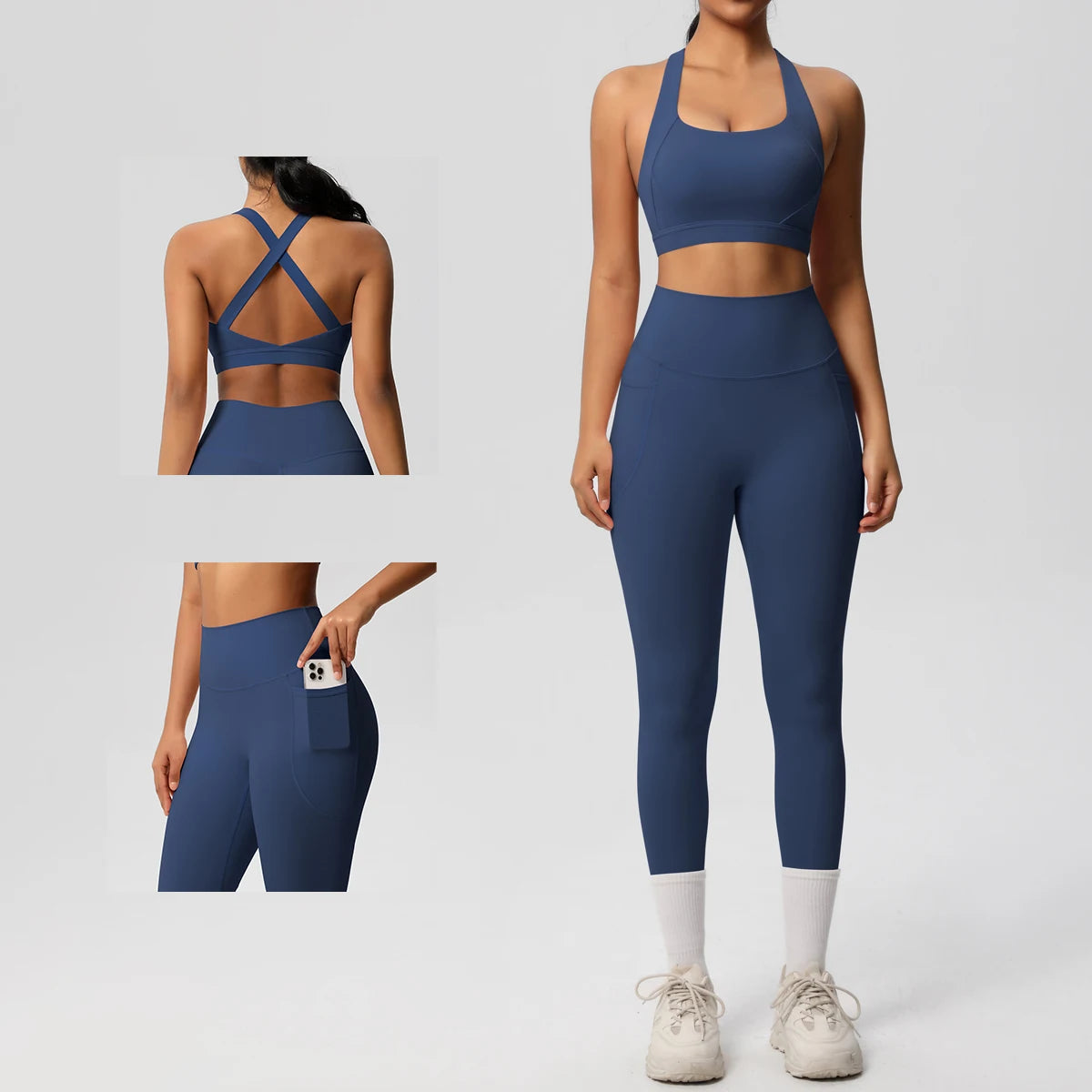 2-teiliges Sportbekleidungs-Yoga-Set, Fitnessstudio, Sport-BH, Leggings mit Taschenkleidung, Sportbekleidung, Yoga-Anzüge für Damen, Fitness-Set, Trainingsanzug