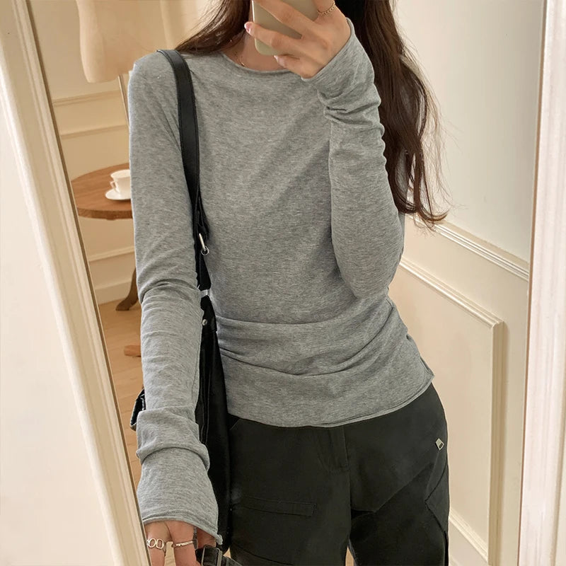 Frühling Herbst T shirt Frauen Tops Solide Langarm Geraffte O Neck T-shirts Weiblichen Koreanischen Casual Streetwear Hohe Qualität Basis Tees