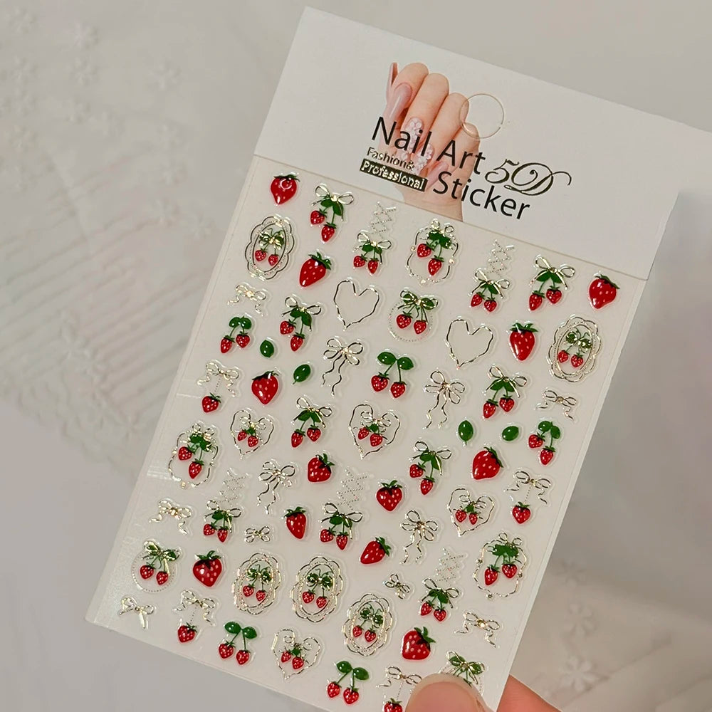 5D Süße Schleife Erdbeer-Nagelkunst-Aufkleber Metall Silber Gold Linie Schleife Erdbeeren Nagel-Abziehbilder Frühling Sommer Nageldekoration