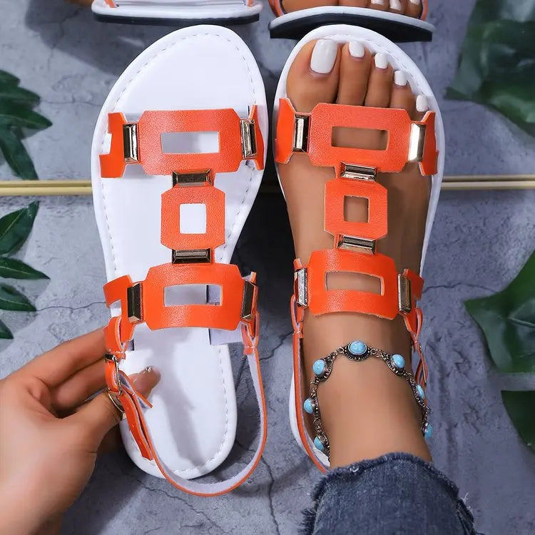 2025, runde Zehen-Damen-Sandalen aus Leder, flach, lässig, Strandschuhe, bequeme Schuhe, Metalldekoration für Damen, modisch, Größe 43