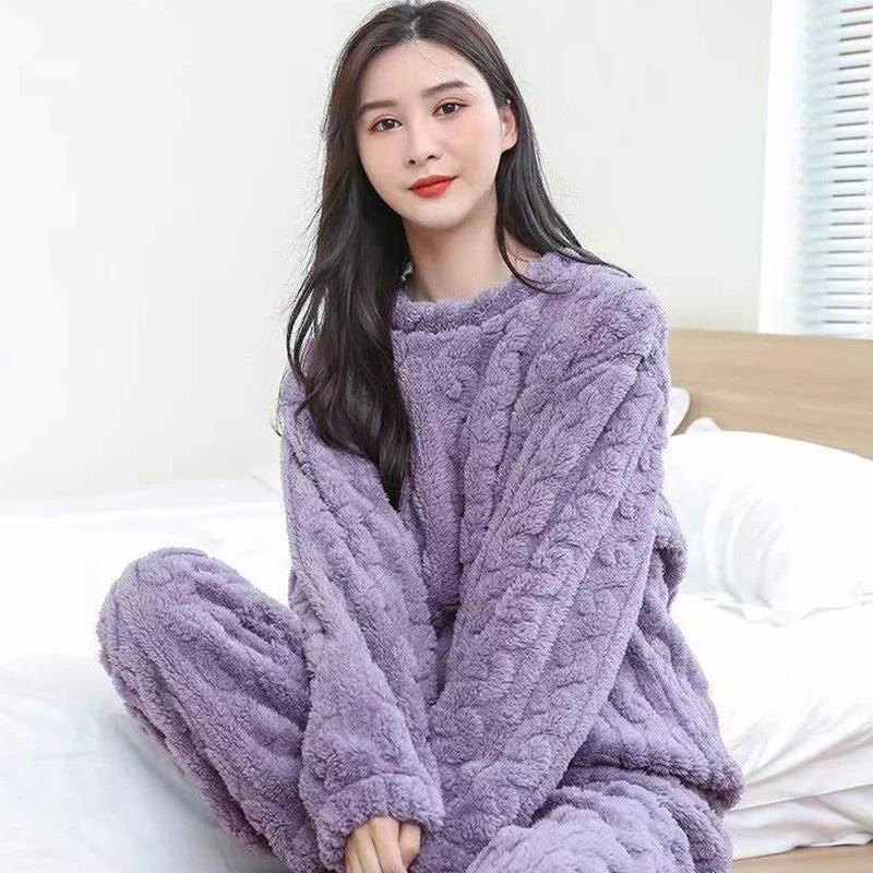 Herbst Frauen Feste Warme 2 Stück Sets Verdicken Samt Rippen Fleece Set Pullover Und Hosen Frauen Casual Pyjama Sets 2023