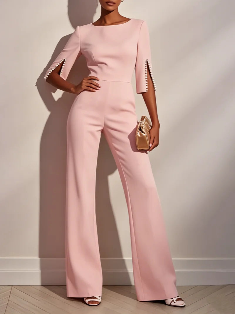 Eleganter Damen-Jumpsuit mit Rundhalsausschnitt, Perlenbesatz, Geschlitzten Ärmeln, Hoher Taille und Weitem Bein für Partys und Abendveranstaltungen