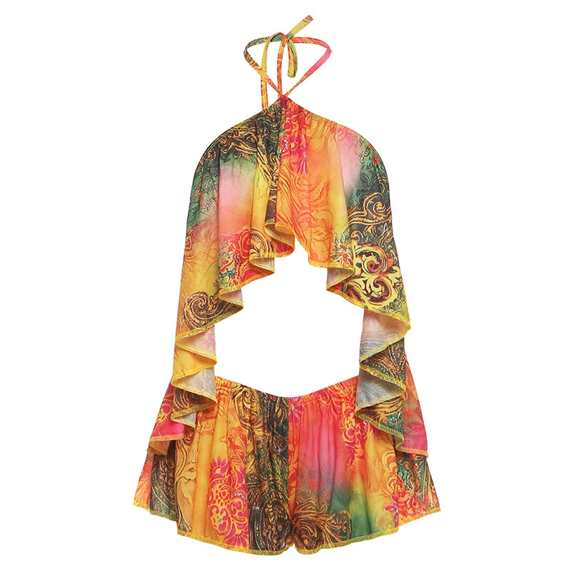 Nibber Beach Style Buntes 2-teiliges Set für Damen, Sommertrend, Neckholder, rückenfrei, Rüschen, Camisole-Tops + Shorts mit elastischer Taille, sexy Anzüge