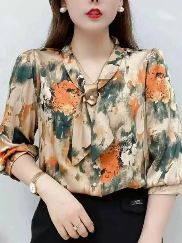 Frauen Frühling Sommer Stil Chiffon Blusen Shirts Dame Casual Halbe Hülse Fliege Kragen Gedruckt Blusen Tops DF4198