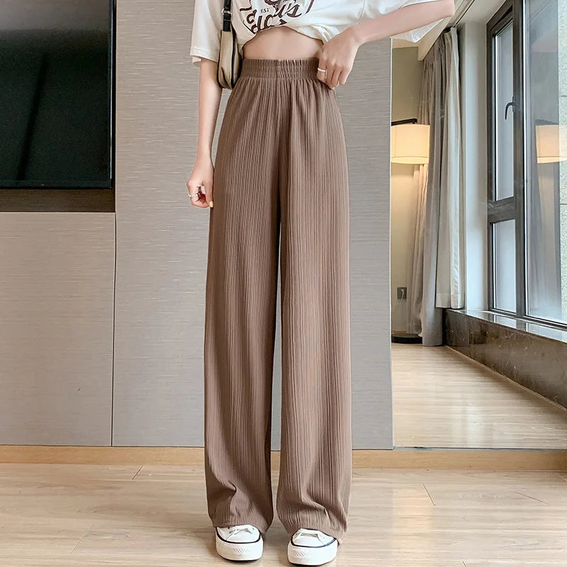 2025 Korea Dongdaemun Eis Seide Breite bein Hosen frauen Dünne Abnehmen Boden Hosen Weiß Gestreiften Hosen Y2K Mode hosen Baggy