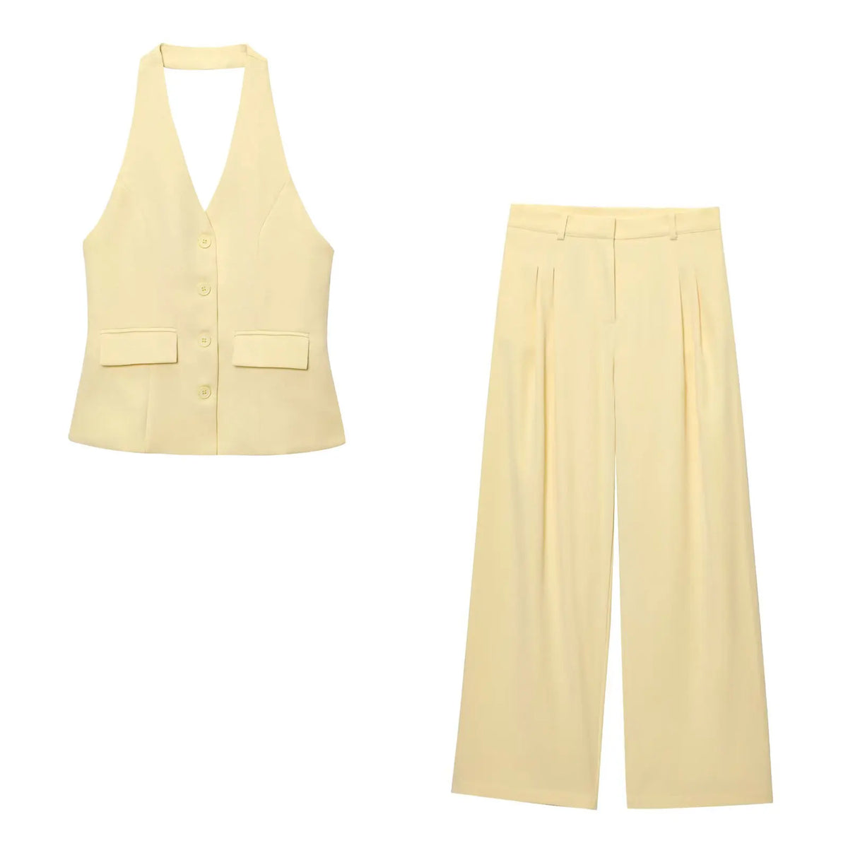 HH Hose-Sets für Damen, modisch, gelb, rückenfrei, Knopfhalter, bauchfreie Weste, Oberteil, gerade Hose, eleganter Büro-Damenanzug