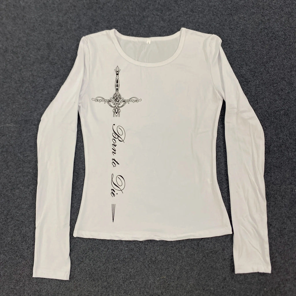 Y2K Harajuku Vintage Streetwear Gothic Grunge Punk Druck Damen Langarm T-Shirt Casual Slim Fit Sexy Chic Emo Mädchen Crop Top