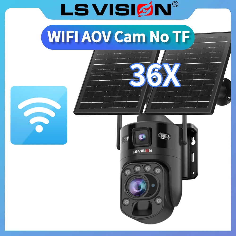 LS VISION 36X Optischer Zoom Außen-Solarkamera WiFi/4G 24/7 Videoaufzeichnung Doppelbildschirme AOV & PIR WLAN-Sicherheitskamera CCTV IP66