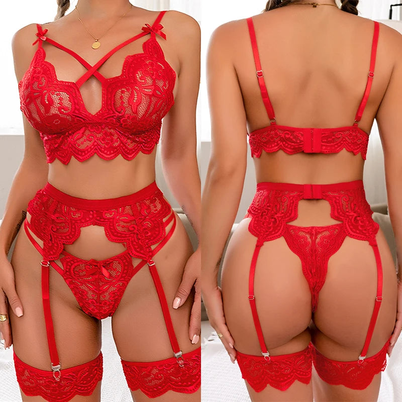 Strumpfband G-String Unterwäsche für Frauen Super Hot 3-teiliges Dessous-Set Blumen-BH Tanga Pornografisches Outfit Hosenträger Damenunterwäsche