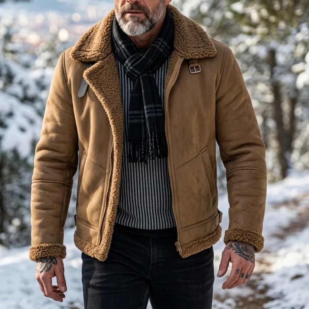 Herren-Winterjacke aus Kunstwildleder mit Fellkragen |   Winddichter Streetwear-Mantel mit Gürtel und Reißverschluss |   Dicke, warme Wanderkleidung für den Außenbereich, weich, für Herren