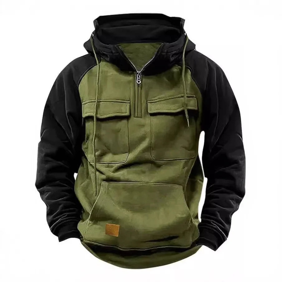 Herren Hoodie Sweatshirt Reißverschlusstaschen Arbeitskleidung Retro Farbblock Wintersport Flügelärmel Lose Passform Lässige Streetwear