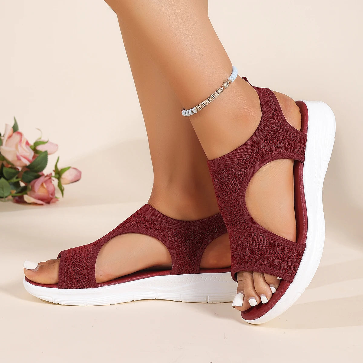 Damen-Schuhe 2026 Sommer Bequeme Freizeit-Sportsandalen Damen-Strand-Keilsandalen Damen-Mesh-Strick-Römersandalen