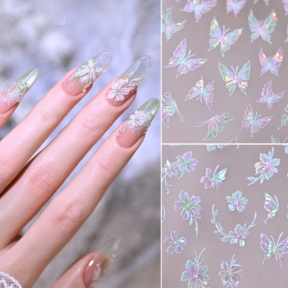 1 Stück 5D Aurora Schmetterling Blumen Nagelaufkleber Muschel-Licht Selbstklebende Nagelsticker für Sommer Frühling DIY Maniküre & Geschenke