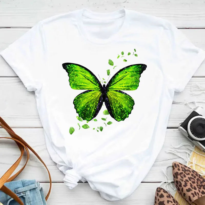 Neue blaue Schmetterling Blumen gedruckt T-Shirt Frauen Sommer lässig Kurzarm O-Ausschnitt Tops 90er Jahre Mode Grafik weibliche Tops T-Shirts