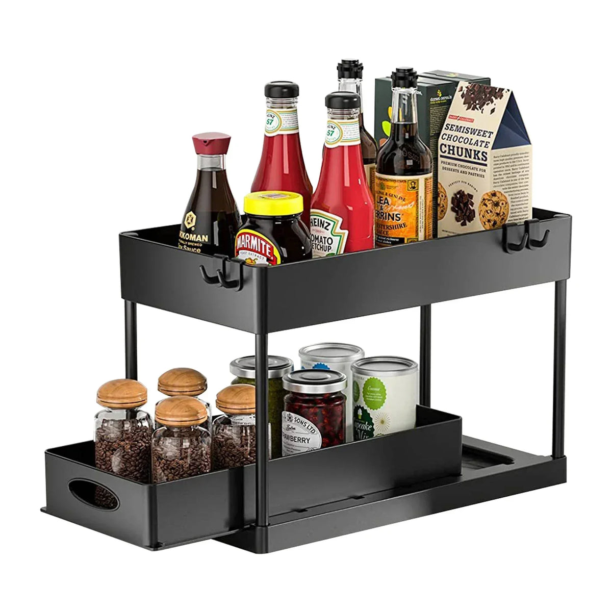 2-stufiger verschiebbare Aufbewahrungskorb unter der Spüle, multifunktionales Organizer-Rack mit Haken, hängende Tasse, platzsparend für Badezimmer und Küche