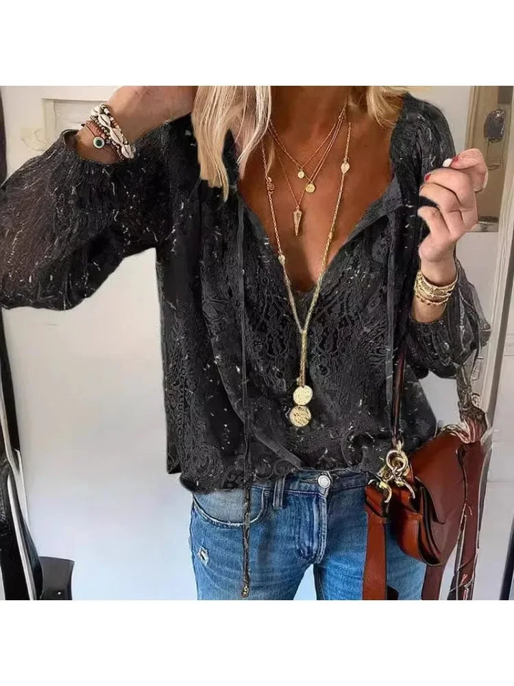 Vintage-Bluse mit Knöpfen und Schnürung, langärmelig, Spitze, elegant, Retro, lässig, Frühling, neue Mode, Tops für Damen, 2025, Blusen-Tops