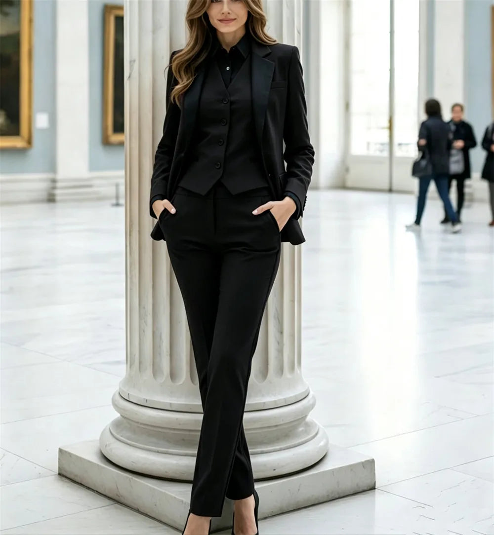 Beige Damenanzüge, 3-teiliger Damenanzug, Bürokleidung, Traje Mujer, eleganter Hosenanzug im Smoking-Stil, Business-Anzug