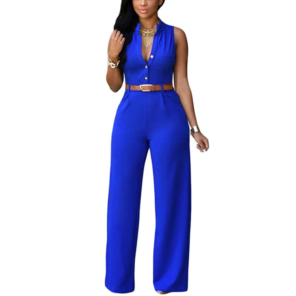 Damen Jumpsuit Sexy Ärmellos Tiefer V-Ausschnitt Weites Bein Jumpsuit Romper Mit Gürtel