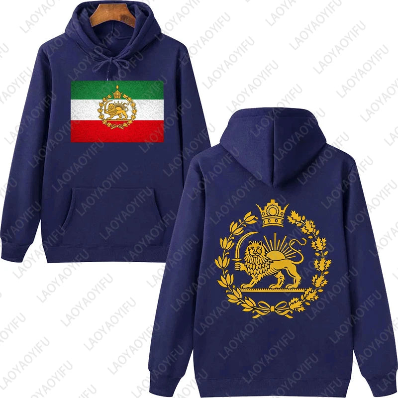 Löwe und Sonne Persischer Kapuzenpullover Iranisches Hoodie-Emblem Grafik Unisex Vorder- und Rückseiten-Druck Trendiger Casual-Stil Sportbekleidung