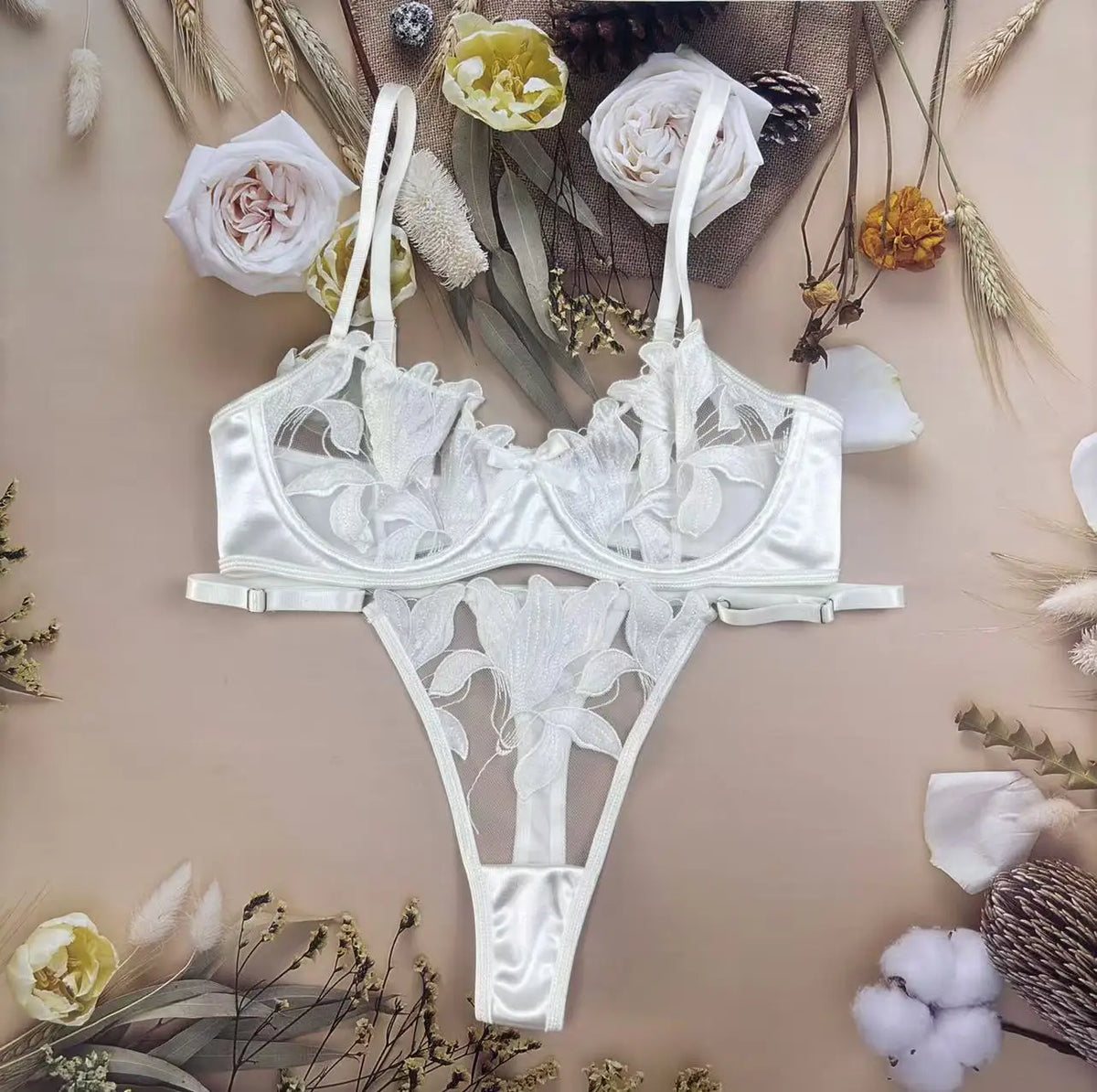Damen-Set mit Blumenstickerei, Push-Up-BH und Höschen, 2-teiliges sexy Dessous-Set, transparente Bralette-Unterwäsche mit Bügel