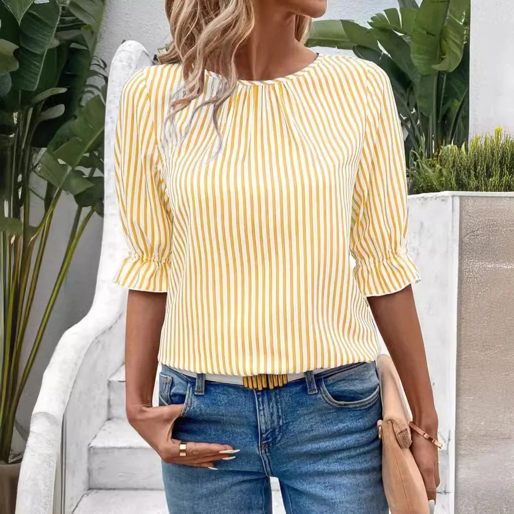 Dreiviertelärmel Gestreifte Bluse mit Rüschensaum für Damen Sommer Bürokleidung Locker Sitzende Modische Bluse