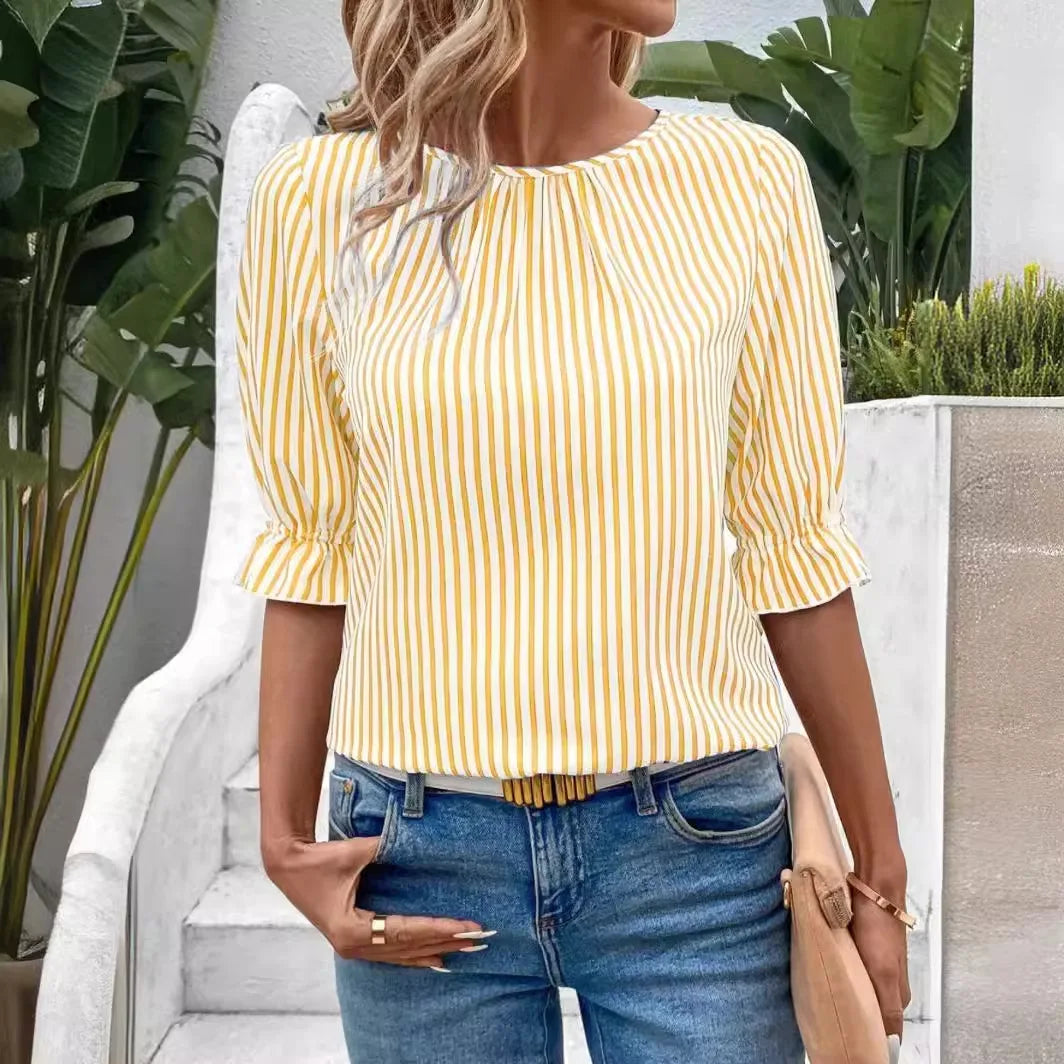 Dreiviertelärmel Gestreifte Bluse mit Rüschensaum für Damen Sommer Bürokleidung Locker Sitzende Modische Bluse