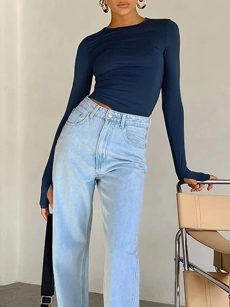 Modisches Damen-T-Shirt mit langen Ärmeln, Rundhalsausschnitt, solides Slim-Fit-Damen-Crop-Top mit Daumenlöchern für den täglichen Streetwear-Sommer-Camis