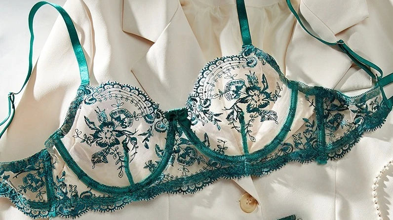 Spitzen-Stickerei-BH-Set mit ultradünnen Cups, transparente Mesh-Nachtwäsche für Frauen mit großer Oberweite, S-XL, Push-up, 32-38