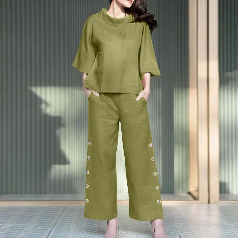 2 Stück Damen Hosen Sets Zanzea Sommer solide ol passende Sets o Hals 3/4 Ärmel Bluse weites Bein Hose lässig locker Arbeits anzug