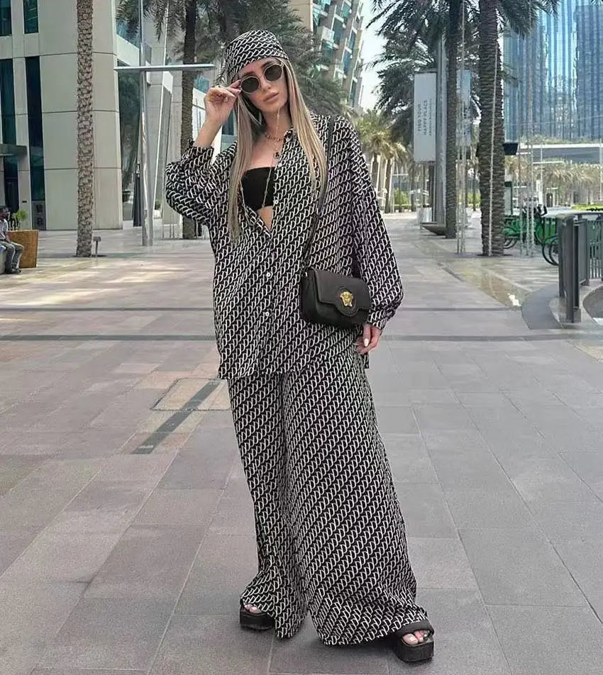 Neues Damen-Set mit geometrischem Print: Bluse & Lange Hose, Langarm, Locker & Bequem, 2-teiliges Set, Elegante Mode für den Arbeitsweg