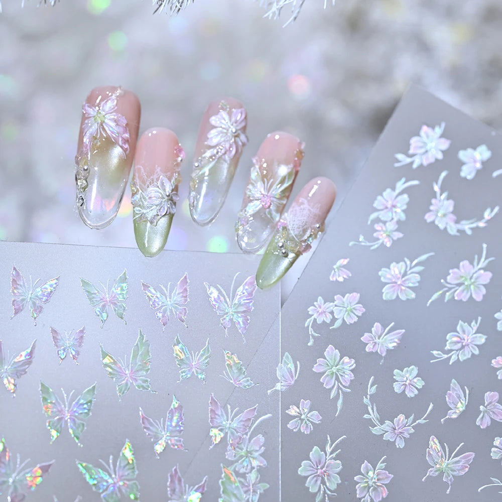 1 Stück 5D Aurora Schmetterling Blumen Nagelaufkleber Muschel-Licht Selbstklebende Nagelsticker für Sommer Frühling DIY Maniküre & Geschenke