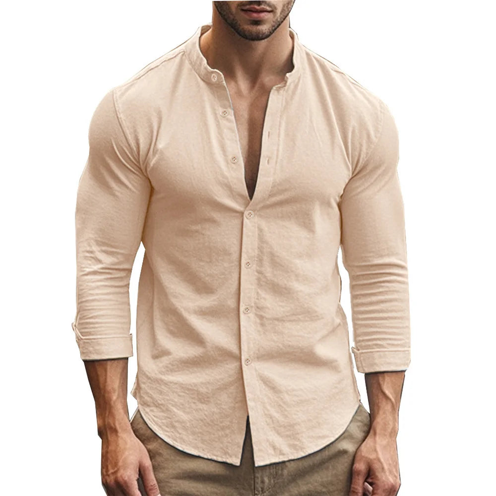 Henry-Hemden für Herren, Baumwolle, Leinen, schmale Passform, kausal, hawaiianisch, einfarbig, Basic-Stil, Frühling und Sommer, atmungsaktive Herrenbekleidung