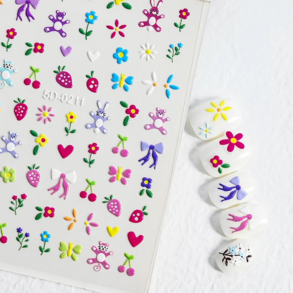 5D geprägte Lächeln Nail Art Aufkleber lustig/Lächelnde Sonnenblume Nail Art Aufkleber Kawaii Macaron selbstklebendes Design DIY glückliche Dekoration
