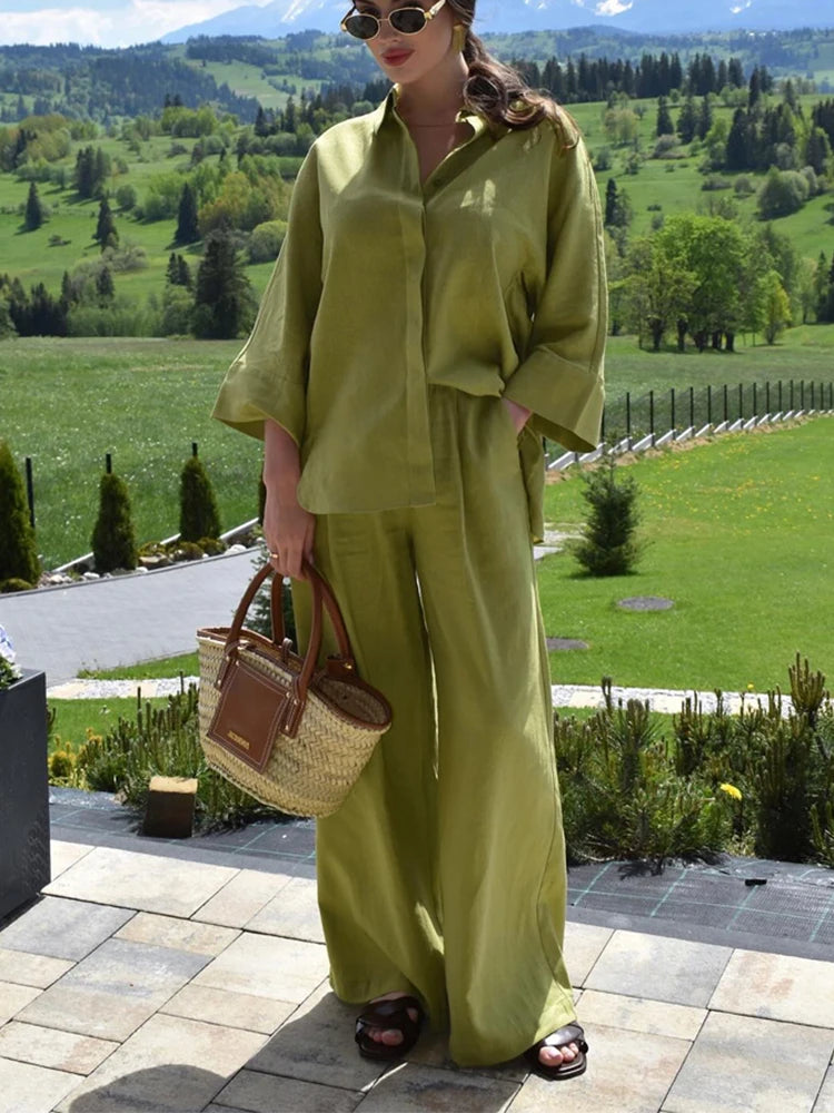 HH Frauen Casual Solide Lose Hemd Hosen Anzug 2024 Langarm Revers Shirts Elastische Taille Breite Bein Hosen Büro Dame set