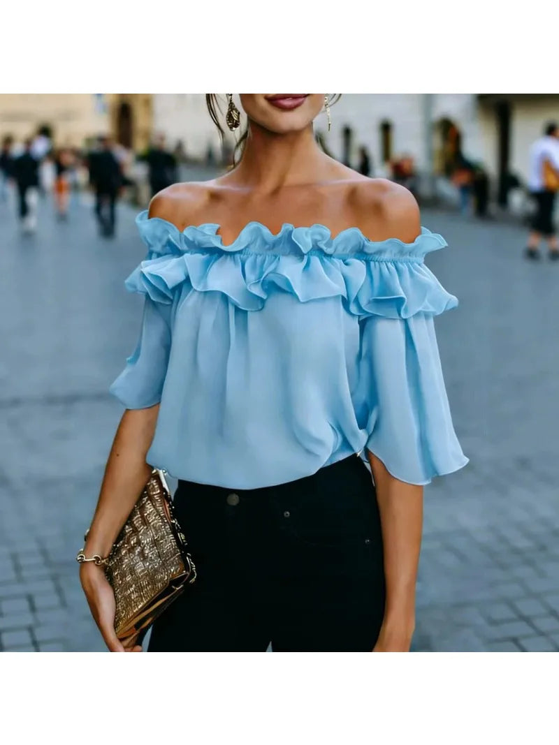 Schulterfreies Rüschenoberteil für Damen, lockere Passform, kurzärmelige Bluse, lässiges Sommerhemd, trendige Mode