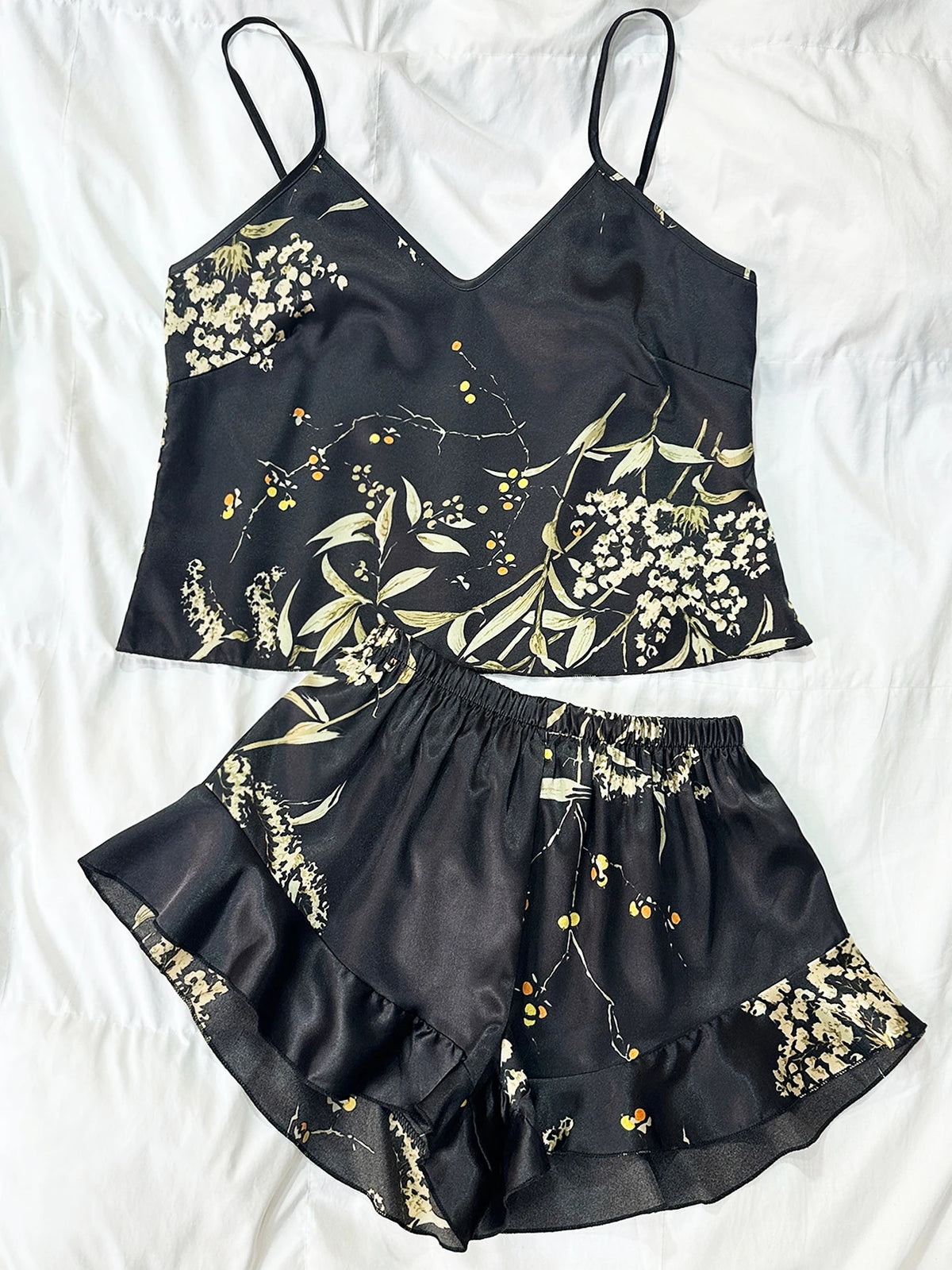 Damen-Pyjama-Set mit Vintage-Blumendruck, zweiteilig, Rüschen-Design, Loungewear, Homewear