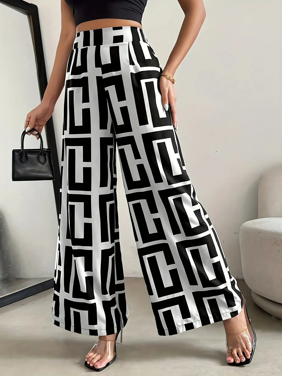 2026 Lässige Elegante Bohemian-Style Hose - Weites Bein, Elastischer Bund, Zweifarbig Kariert Bedruckt, Lockere Hose mit Weitem Bein