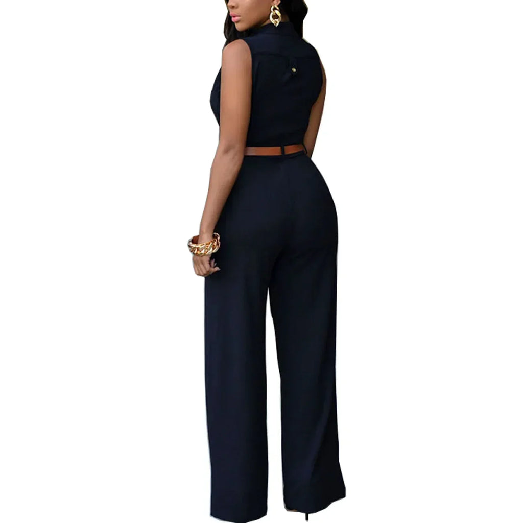 Damen Jumpsuit Sexy Ärmellos Tiefer V-Ausschnitt Weites Bein Jumpsuit Romper Mit Gürtel