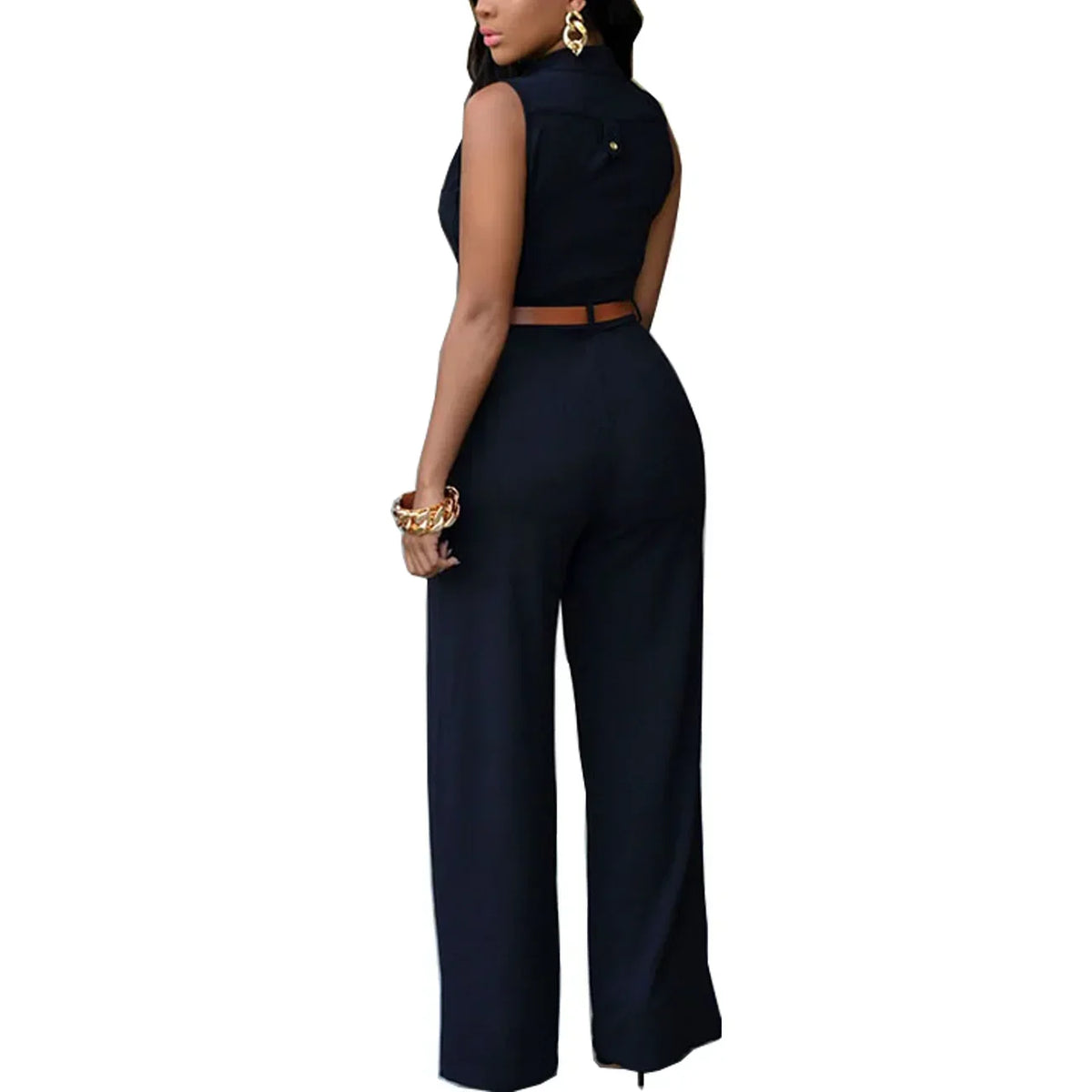 Damen Jumpsuit Sexy Ärmellos Tiefer V-Ausschnitt Weites Bein Jumpsuit Romper Mit Gürtel