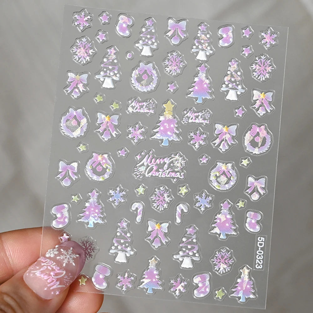 1 Stück 5D Dazzling Christmas Nail Art Aufkleber Gold/Rosa/Blau/Lila Weihnachtsbaum Schneekranz Nagelaufkleber Charmante Weihnachten Nageldeko