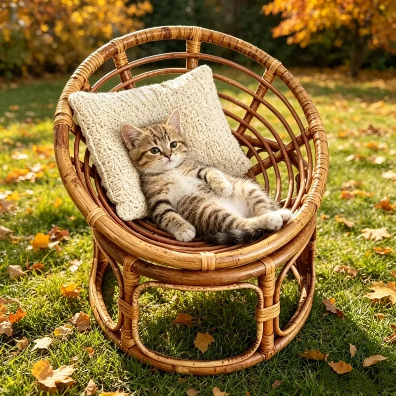 Natürliches Rattan-Katzenbett, handgewebter Katzen-Fotografie-Requisit, atmungsaktiver Weiden-Katzenkorb, erhöhtes rundes Katzennest für Hauskatzen