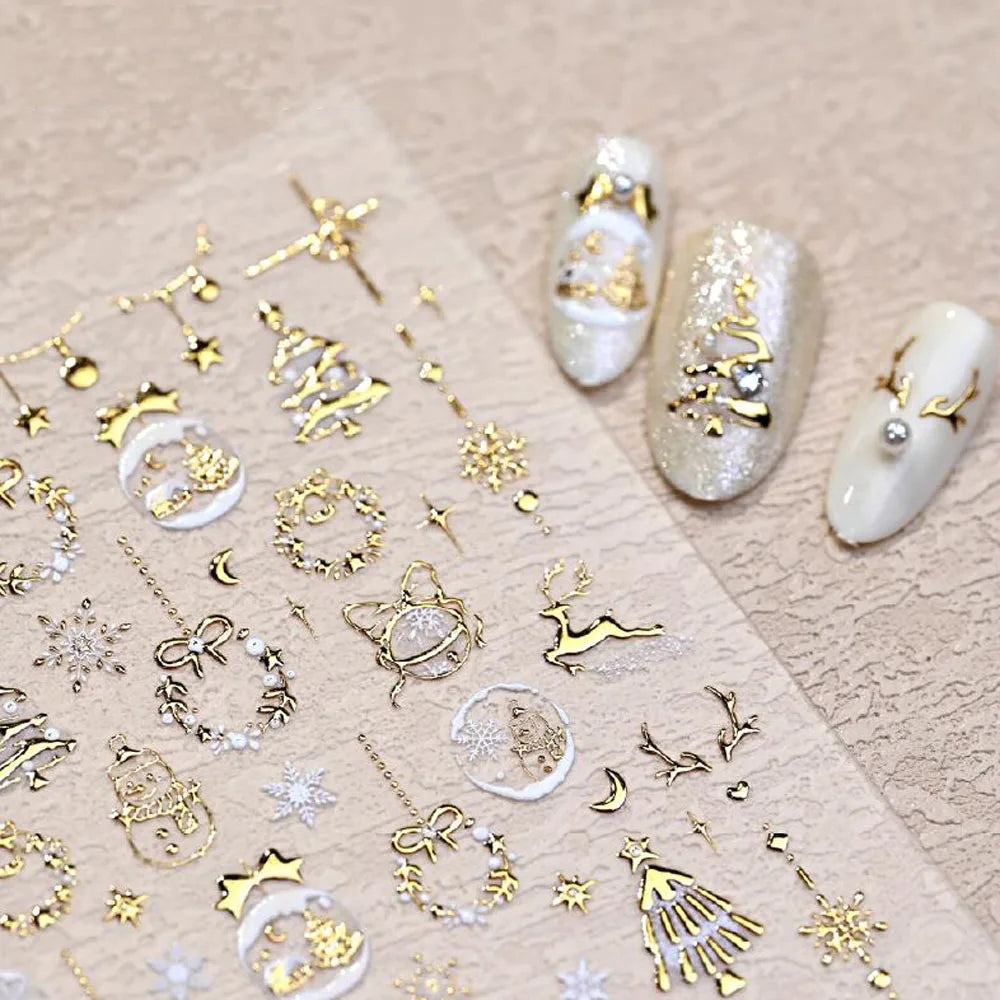 5D Goldprägung Schleife Ball Hirsch Weihnachten Nagelaufkleber Glänzender Kranz Weihnachtsbaum Kristall Nagelaufkleber Winter Nageldekoration