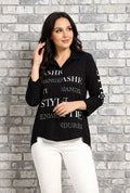 Damen Oversize-Bluse mit Buchstabenprint, schwarzes Revers-Langarmhemd mit Knopfleiste, lockeres, elegantes Oberteil