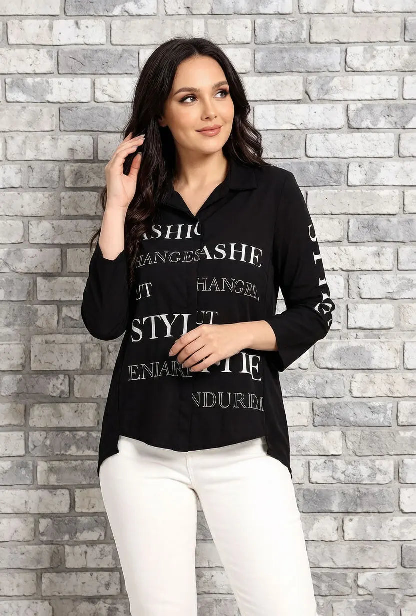 Damen Oversize-Bluse mit Buchstabenprint, schwarzes Revers-Langarmhemd mit Knopfleiste, lockeres, elegantes Oberteil
